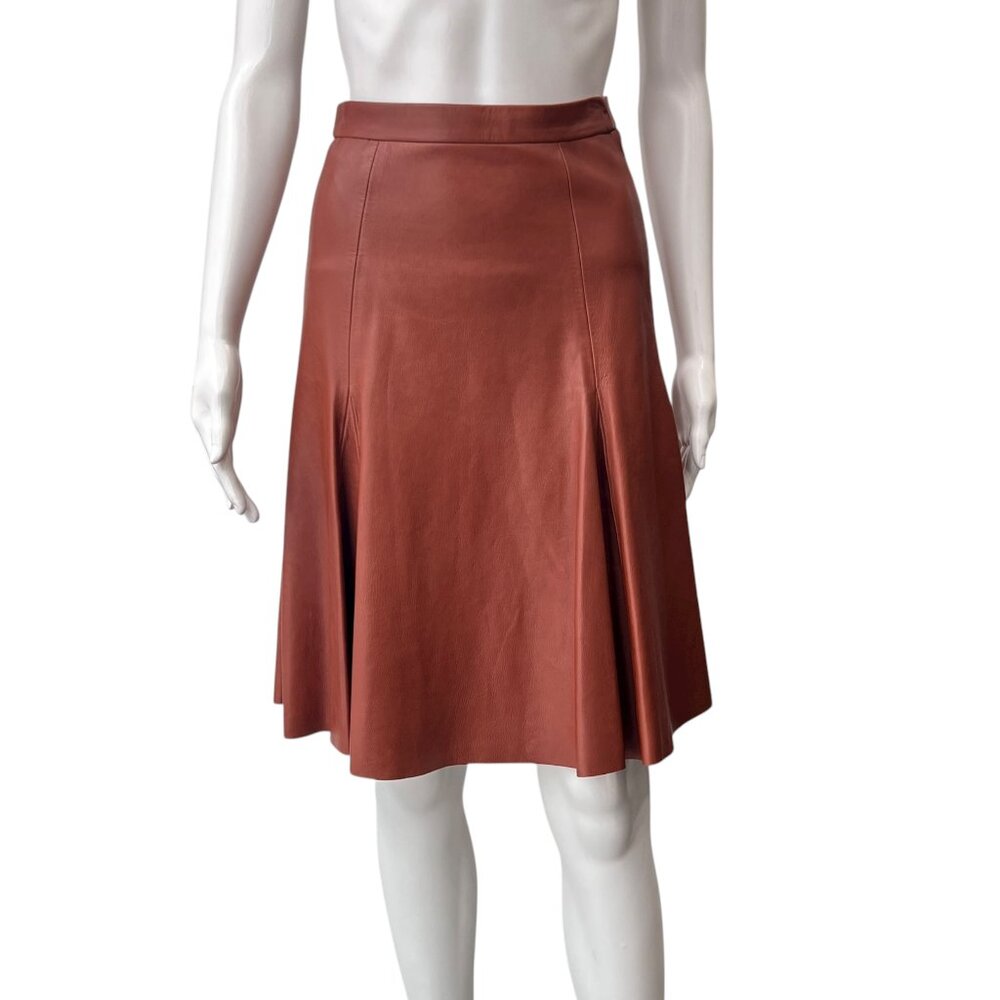 $3200 Gucci Cognac Brown Leather Pleated A-Line Skirt size 6/IT 42